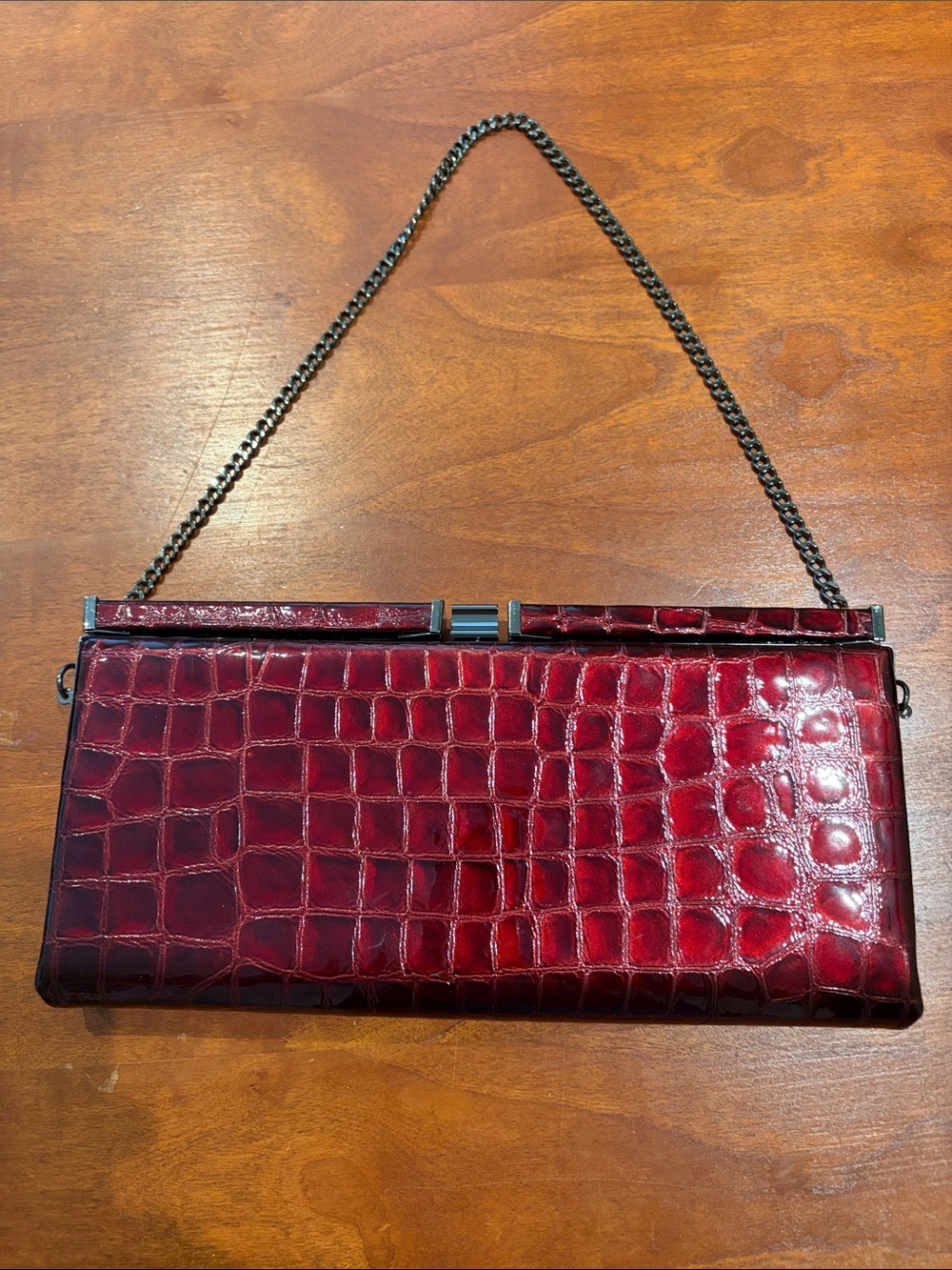 Danier Burgundy Croc-Embossed Chain Clutch